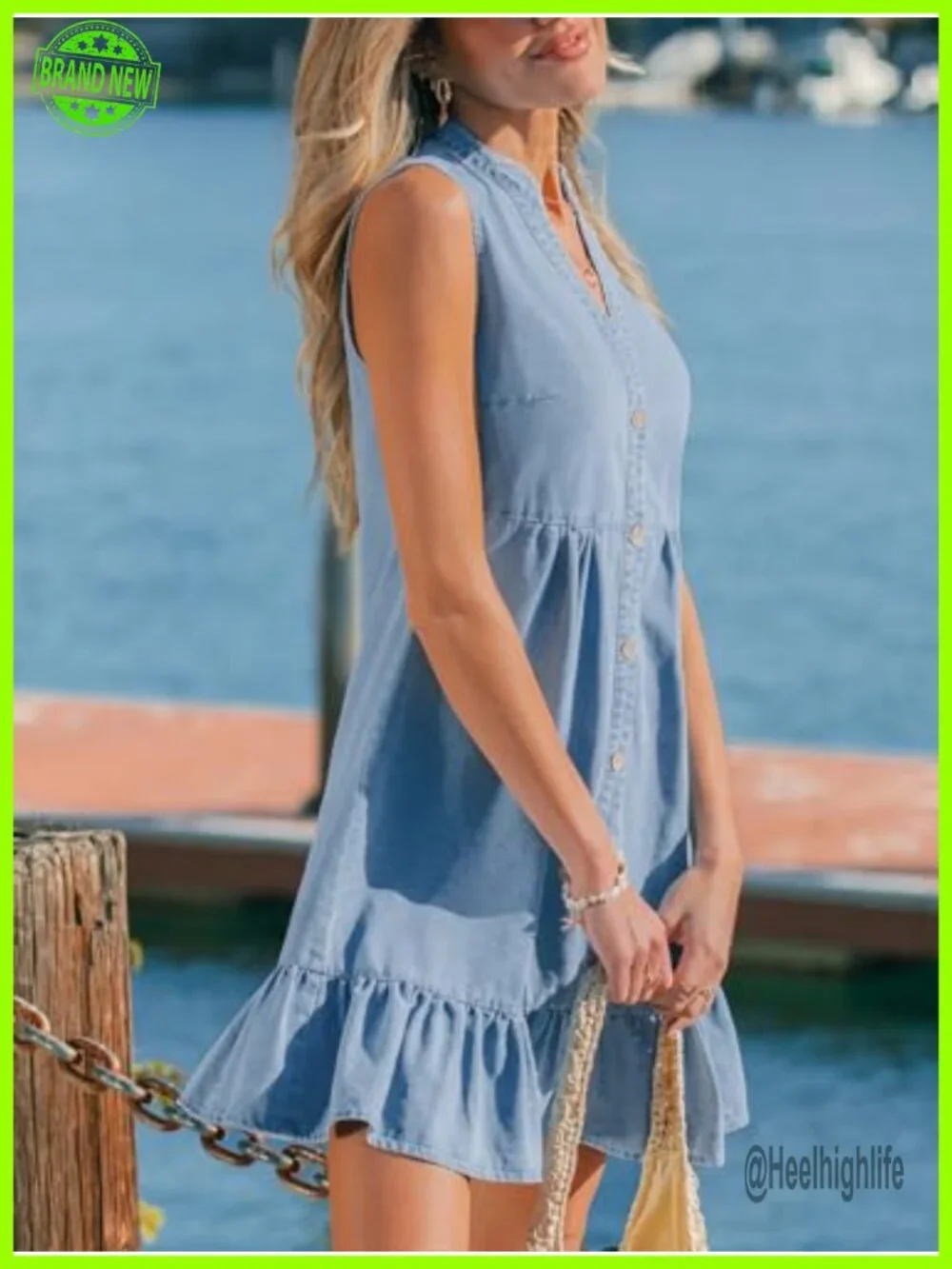 Sleeveless Ruffle Hem Mini Denim Dress with Front Buttons